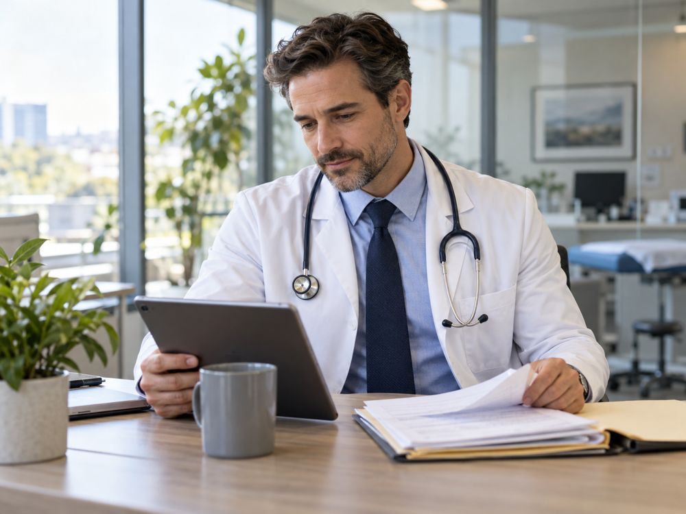 A physician in a white coat reviewing a patient chart on a tablet at his desk.