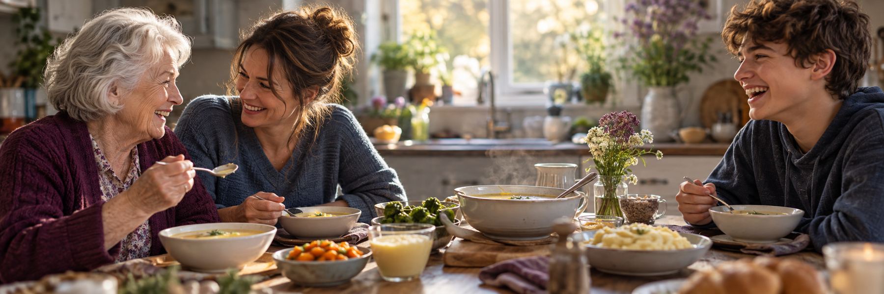 A grandmother, her daughter and a teenage grandson laughing together over bowls of soup and soft foods at a sunlit kitchen table.