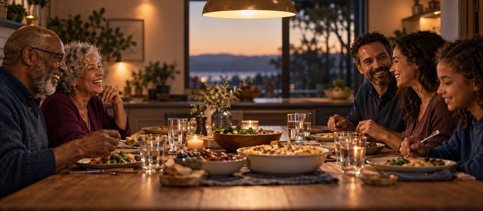 A family of five across three generations laughing together over dinner at a long wooden table at sunset.