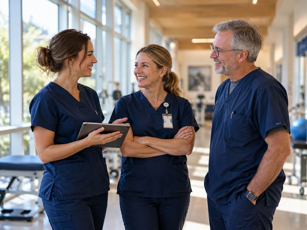 Three therapists in navy scrubs talking and smiling in a bright rehabilitation clinic hallway.