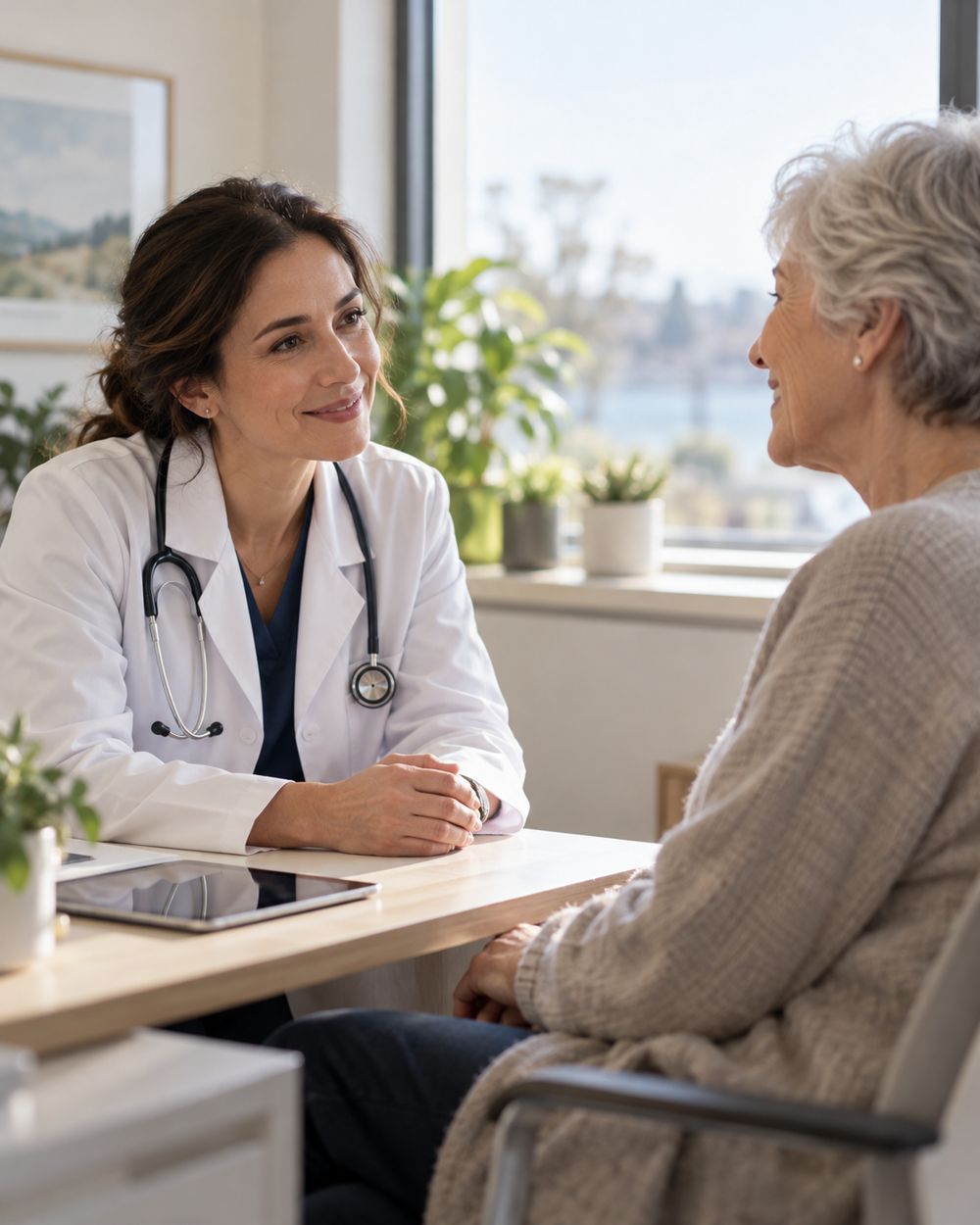 A physician in a white coat smiling as she listens to an older patient in a bright consultation room.